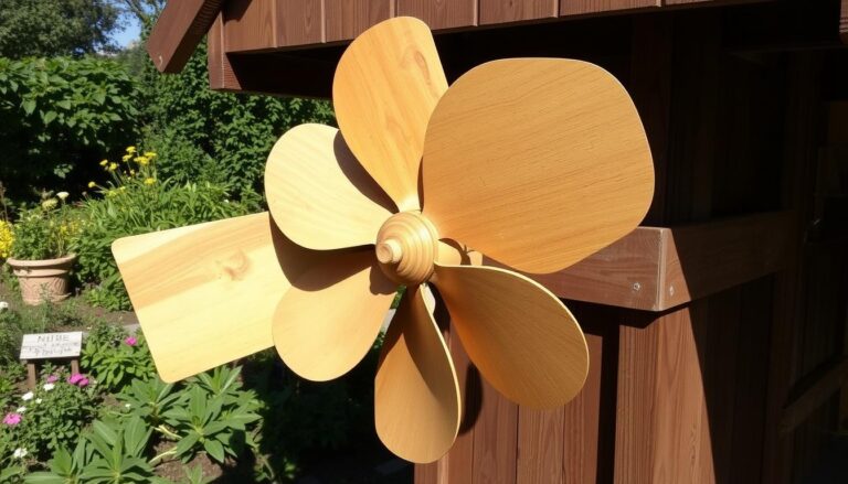 Gotowe śmigło do wiatraka ogrodowego zamontowane na drewnianej konstrukcji
