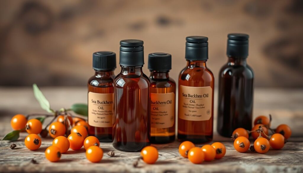 Gotowy domowy olej z rokitnika w buteleczkach