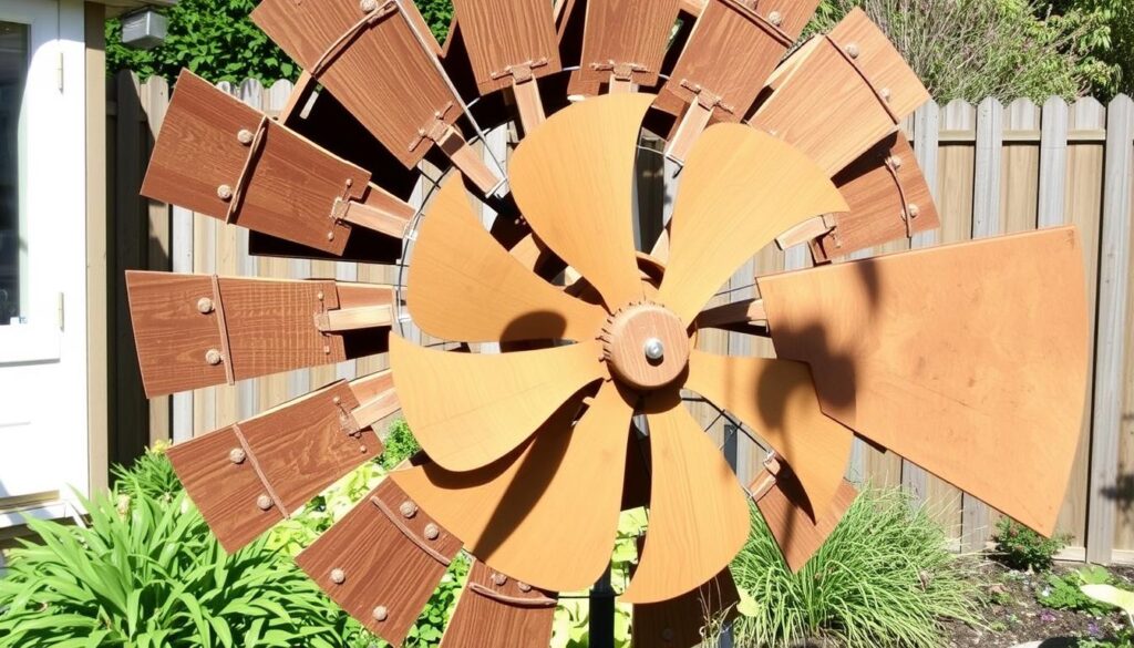 Gotowy wiatrak ogrodowy z samodzielnie wykonanym śmigłem w ogrodzie