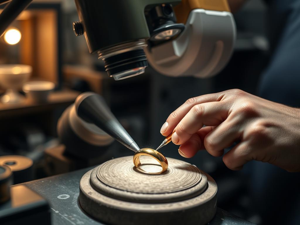 Jubiler polerujący obrączkę profesjonalnym sprzętem, skuteczne usuwanie rys z obrączki