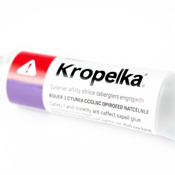 Klej Kropelka (cyjanoakrylowy) w tubce z ostrzeżeniami o bezpieczeństwie