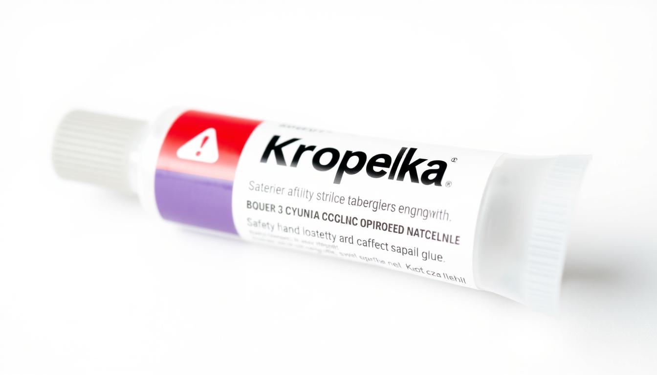 Klej Kropelka (cyjanoakrylowy) w tubce z ostrzeżeniami o bezpieczeństwie