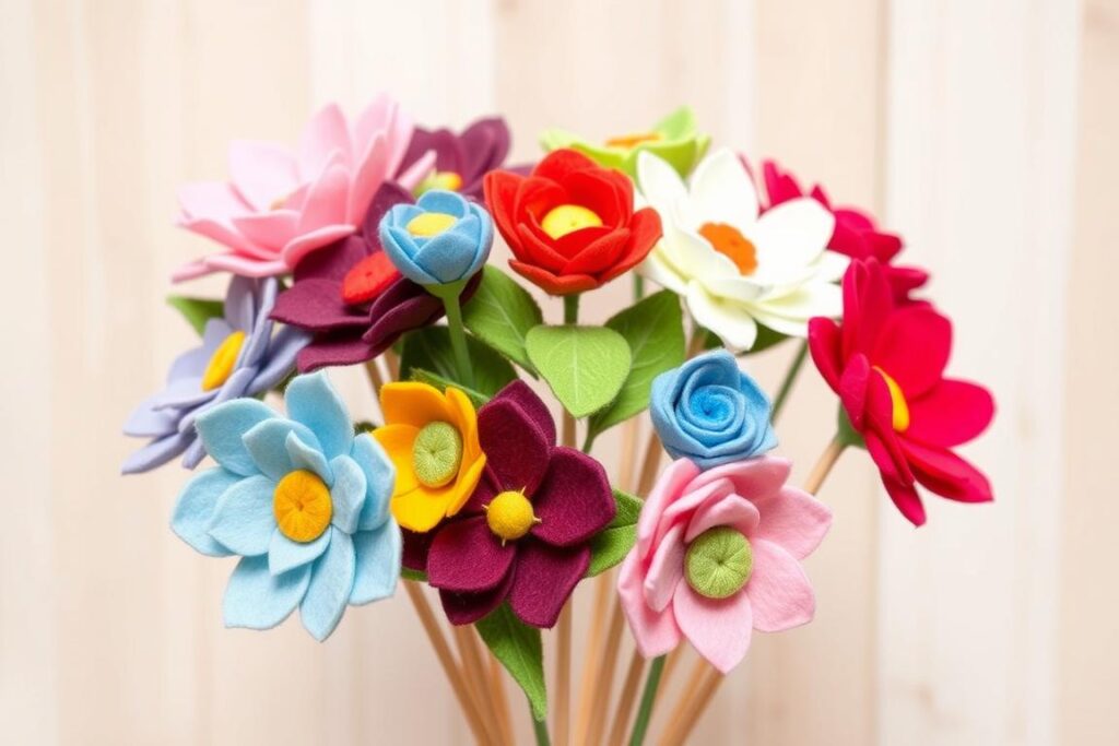 Kwiaty z filcu na patykach tworzące bukiet