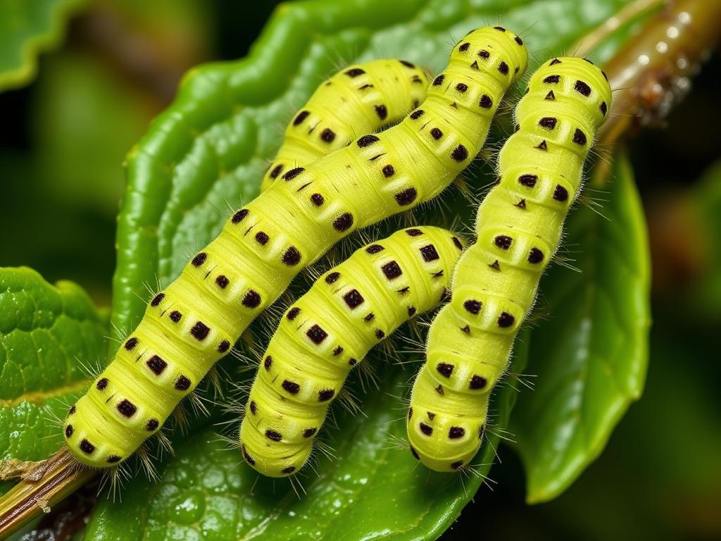 Larwy ćmy bukszpanowej o jaskrawozielonej barwie z czarnymi paskami na bukszpanie Larwy ćmy bukszpanowej o jaskrawozielonej barwie z czarnymi paskami na bukszpanie