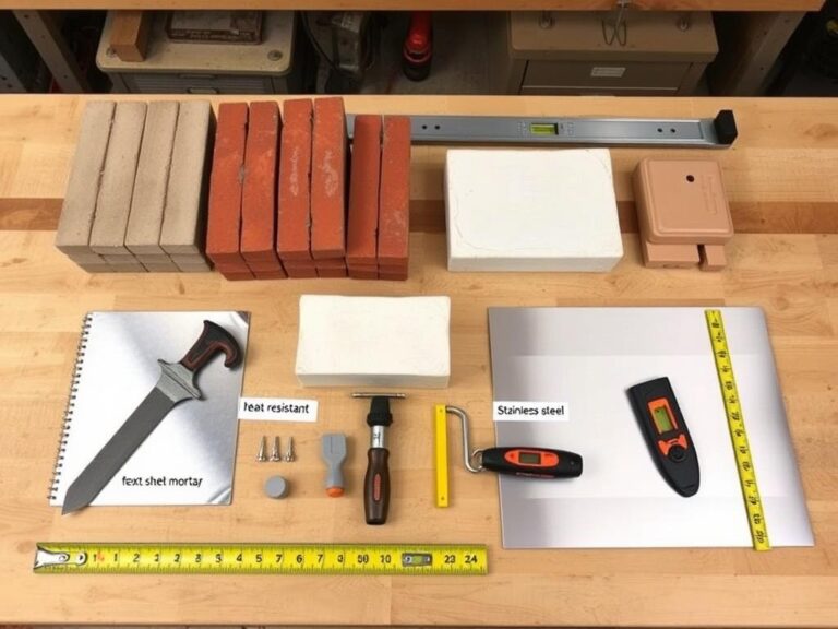 Materiały potrzebne do budowy paleniska do wędzarni: cegły ogniotrwałe, zaprawa, blacha żaroodporna i narzędzia