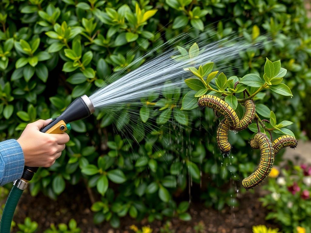 Mechaniczne usuwanie larw ćmy bukszpanowej poprzez spłukiwanie wodą pod ciśnieniem Mechaniczne usuwanie larw ćmy bukszpanowej poprzez spłukiwanie wodą pod ciśnieniem
