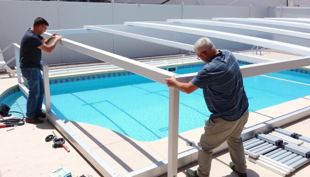 Montaż aluminiowej konstrukcji nośnej zadaszenia basenu