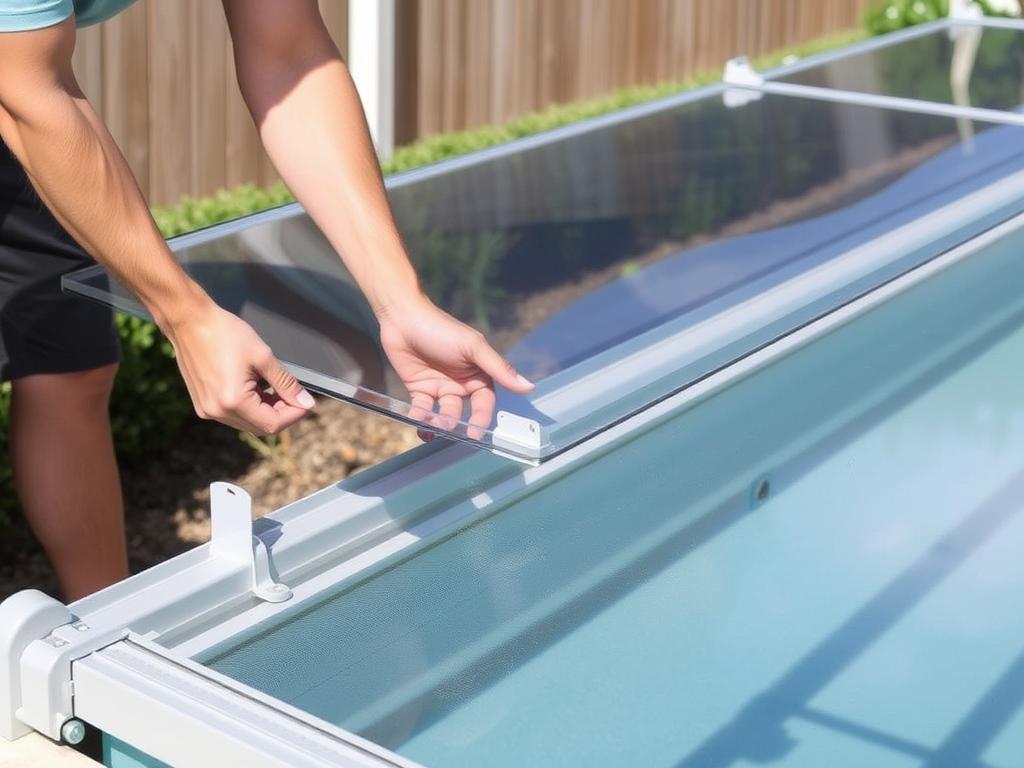 Montaż płyt poliwęglanowych na konstrukcji zadaszenia basenu