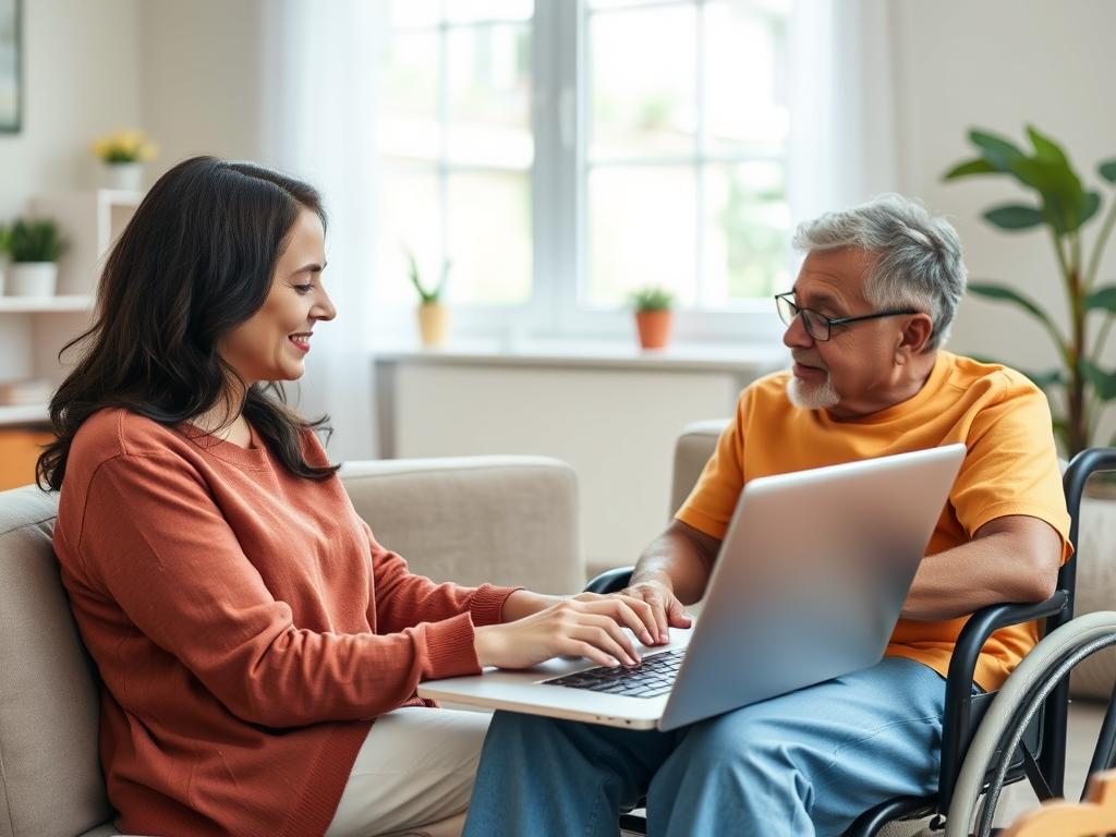 Opiekun pracujący zdalnie podczas opieki nad osobą niepełnosprawną Opiekun pracujący zdalnie podczas opieki nad osobą niepełnosprawną