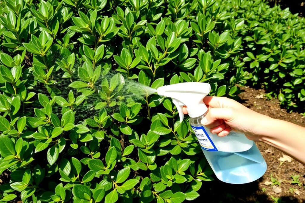 Opryskiwanie bukszpanu roztworem płynu do naczyń przeciwko ćmie bukszpanowej Opryskiwanie bukszpanu roztworem płynu do naczyń przeciwko ćmie bukszpanowej