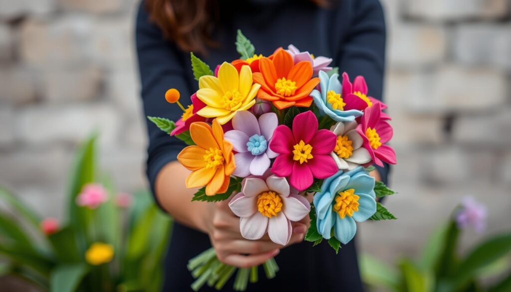 Osoba trzymająca bukiet kolorowych kwiatów z filcu