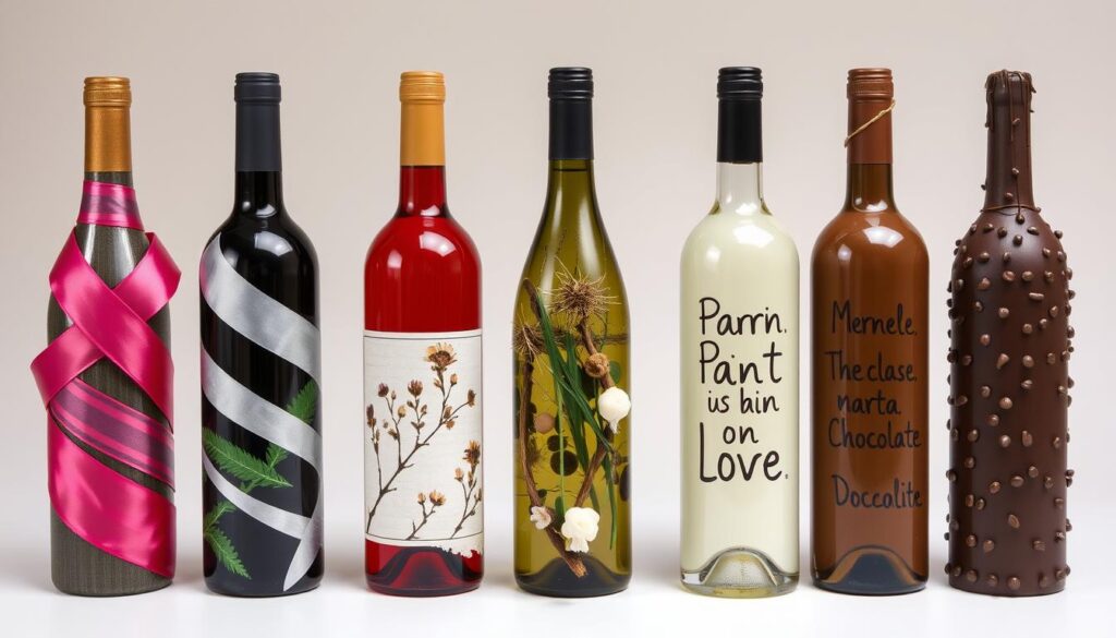 Pięć różnie ozdobionych butelek wina prezentujących wszystkie opisane techniki dekoracji