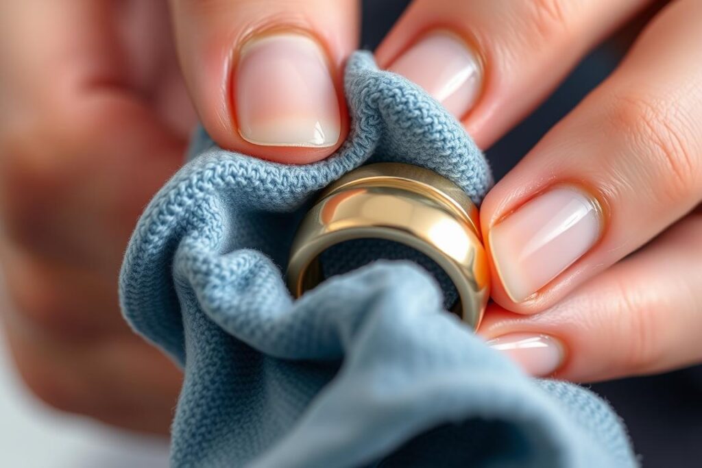 Polerowanie obrączki specjalistyczną ściereczką jubilerską, metoda jak usunąć rysy z obrączki