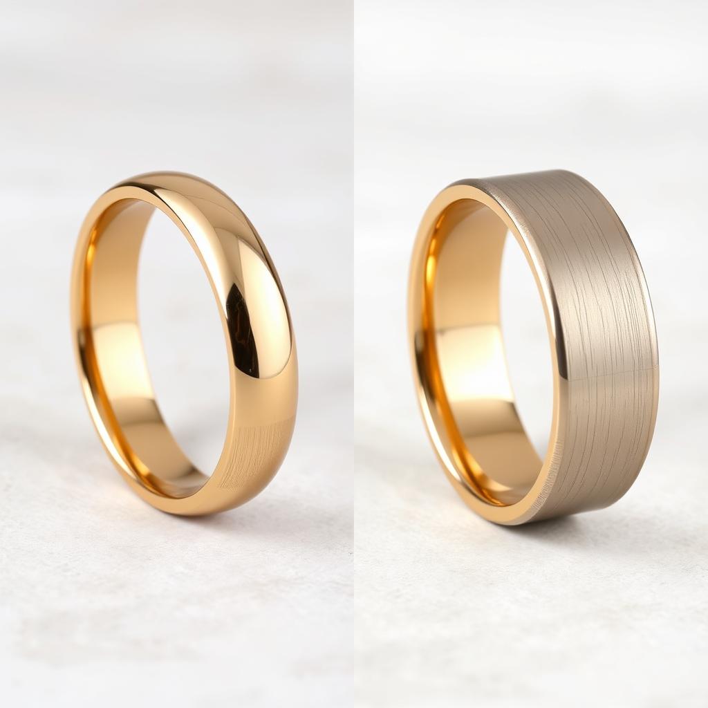 Porównanie nowej i porysowanej obrączki, pokazujące jak usunąć rysy z obrączki