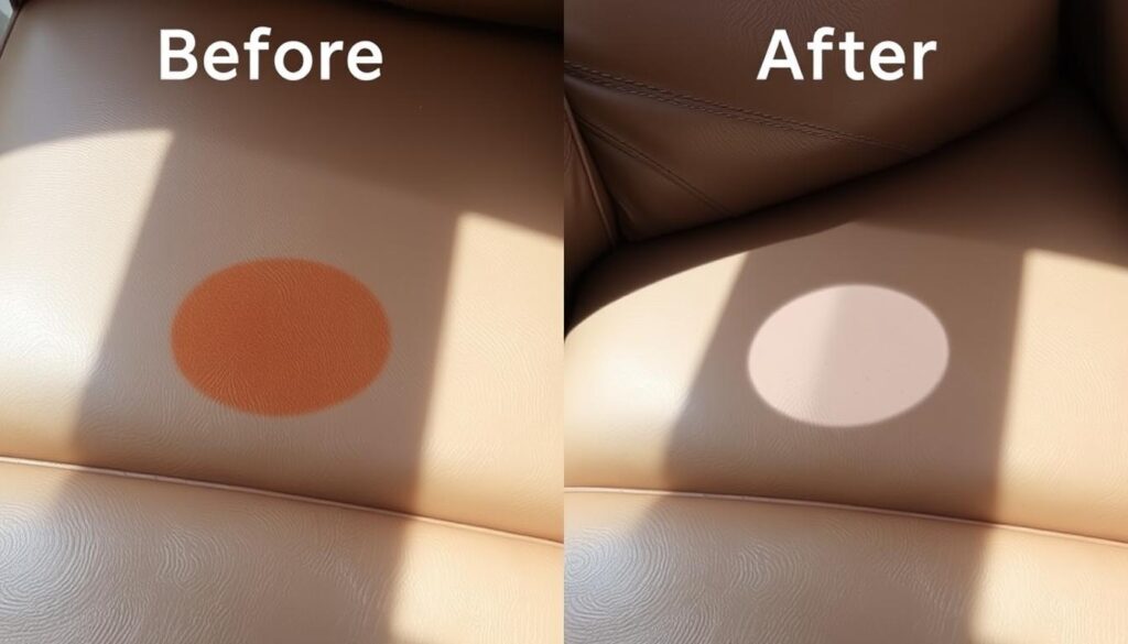 Porównanie skórzanej kanapy przed i po usunięciu plam z długopisu