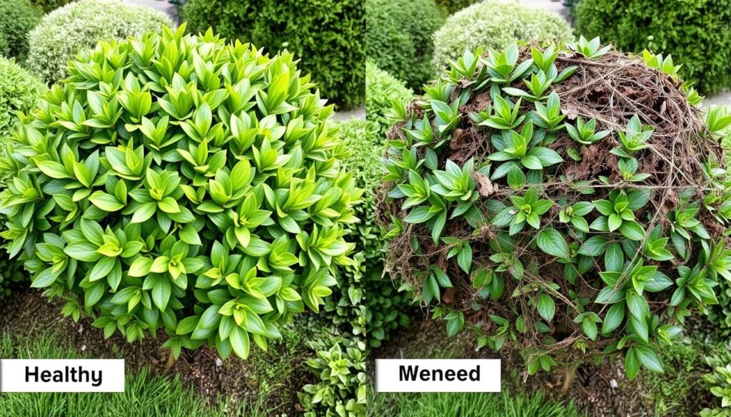 Porównanie zdrowego bukszpanu i bukszpanu zaatakowanego przez ćmę bukszpanową Porównanie zdrowego bukszpanu i bukszpanu zaatakowanego przez ćmę bukszpanową