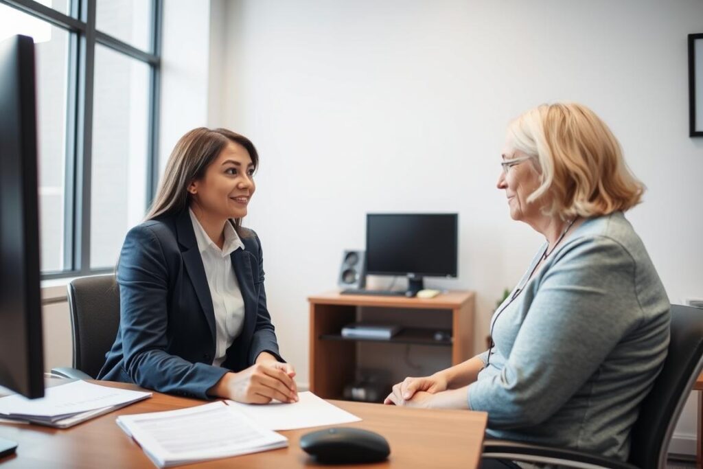Pracownik socjalny przeprowadzający wywiad z kandydatem na opiekuna osoby niepełnosprawnej Pracownik socjalny przeprowadzający wywiad z kandydatem na opiekuna osoby niepełnosprawnej