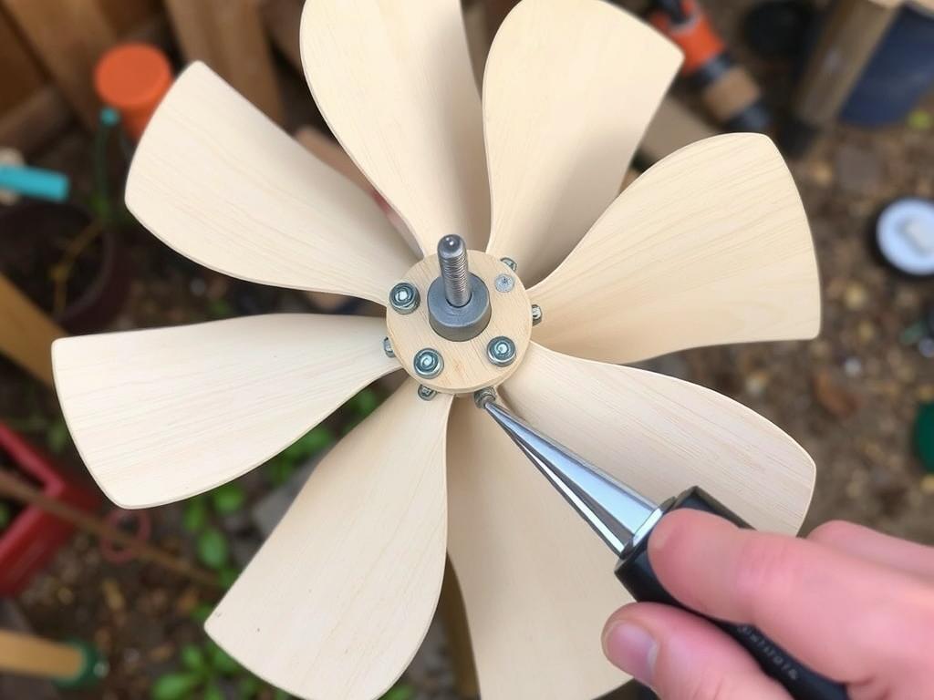 Proces łączenia łopat z piastą centralną śmigła do wiatraka ogrodowego