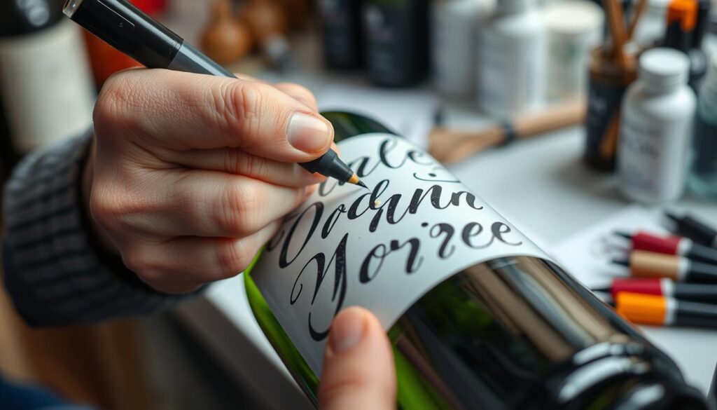 Proces malowania personalizowanego napisu na butelce wina specjalnymi markerami