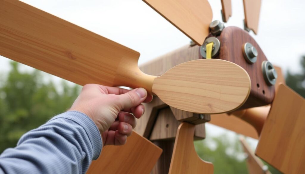 Proces montażu śmigła na osi wiatraka ogrodowego