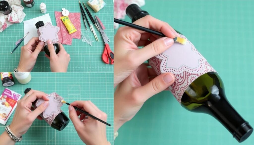 Proces nakładania wzoru z serwetki na butelkę wina techniką decoupage