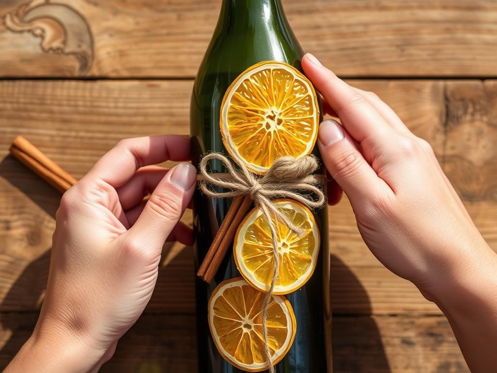 Proces ozdabiania butelki wina suszonymi plasterkami cytrusów i cynamonem