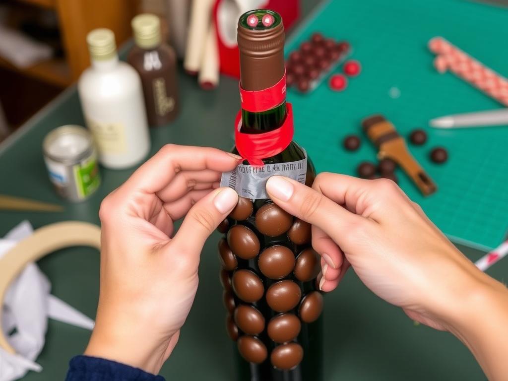 Proces przyklejania pralin do butelki wina taśmą dwustronną