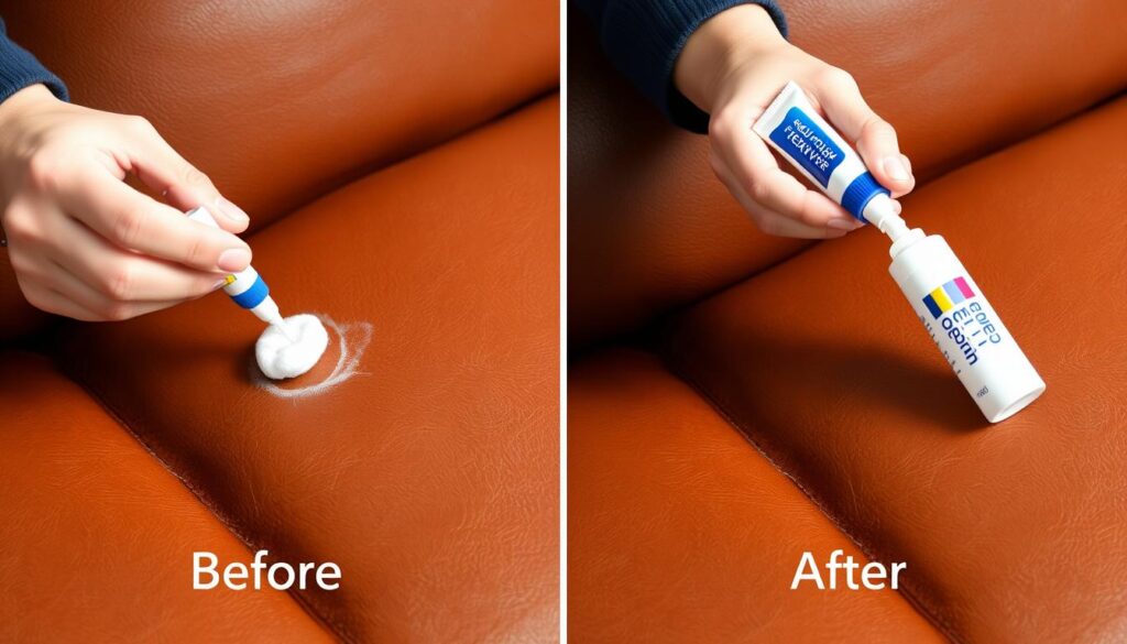 Proces usuwania plamy z długopisu ze skórzanej kanapy za pomocą zmywacza do paznokci bez acetonu