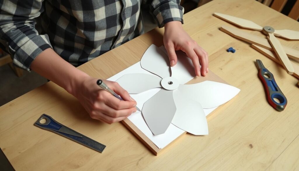 Proces wycinania łopat śmigła do wiatraka ogrodowego według szablonu