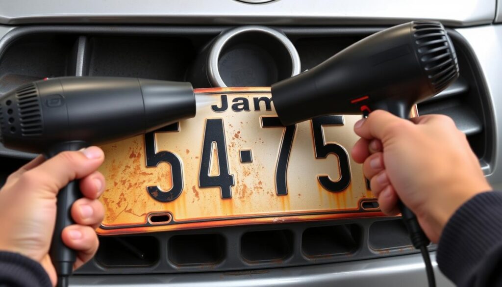 Prostowanie tablicy rejestracyjnej za pomocą ciepła Prostowanie tablicy rejestracyjnej za pomocą ciepła