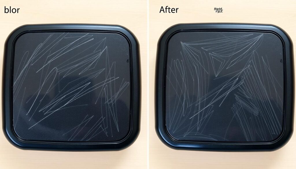 Przed i po usunięciu głębokich rys z plastikowej obudowy