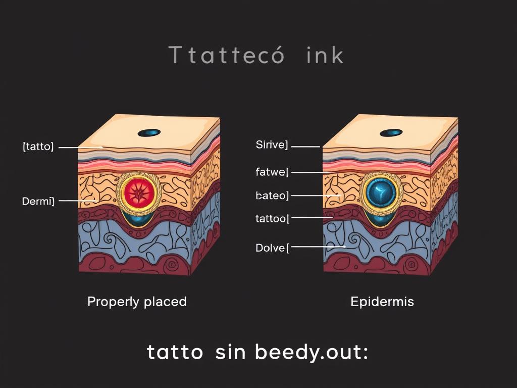 Przekrój skóry pokazujący prawidłowe i nieprawidłowe umieszczenie tuszu do tatuażu Przekrój skóry pokazujący prawidłowe i nieprawidłowe umieszczenie tuszu do tatuażu