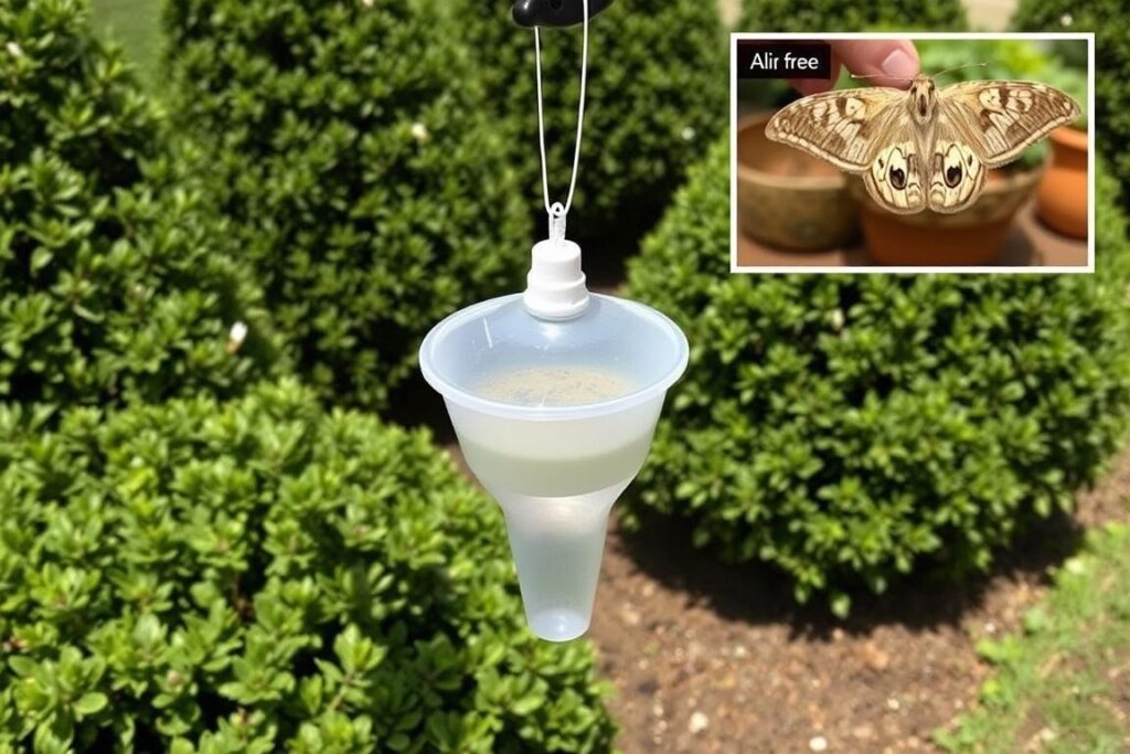 Pułapka feromonowa na ćmę bukszpanową zawieszona w pobliżu bukszpanu Pułapka feromonowa na ćmę bukszpanową zawieszona w pobliżu bukszpanu