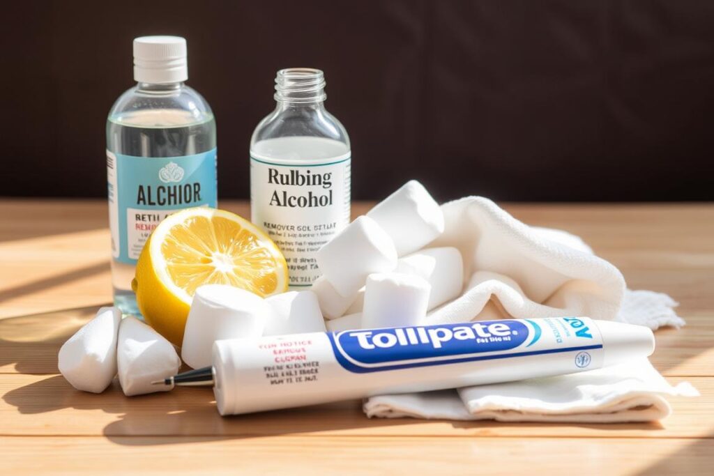 Różne środki domowe do usuwania plam z długopisu ze skóry: spirytus, sok z cytryny, pasta do zębów