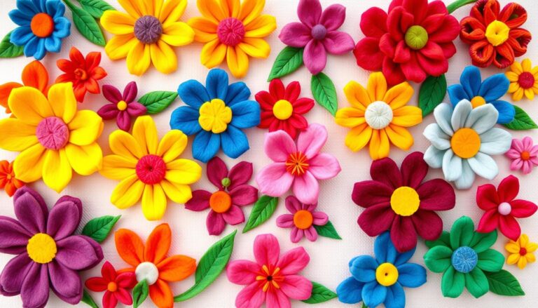 Różnokolorowe kwiaty z filcu ułożone na jasnym tle