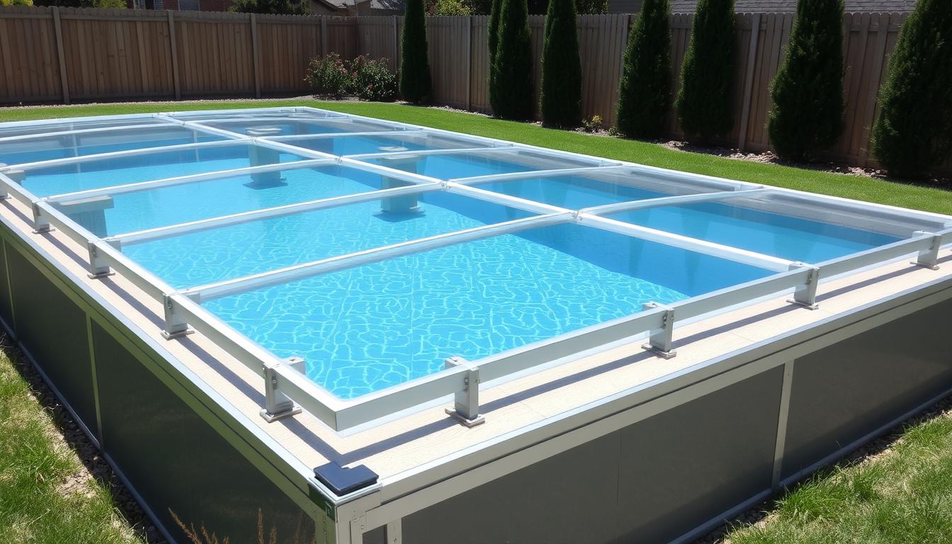 Samodzielnie wykonane zadaszenie basenu ogrodowego z przezroczystego poliwęglanu na aluminiowej konstrukcji