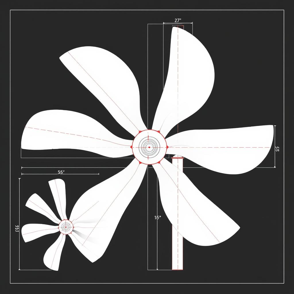 Schemat wymiarów śmigła do wiatraka ogrodowego z zaznaczonymi kątami nachylenia
