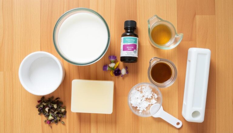 Składniki do zrobienia mydła glicerynowego w domu ułożone na stole