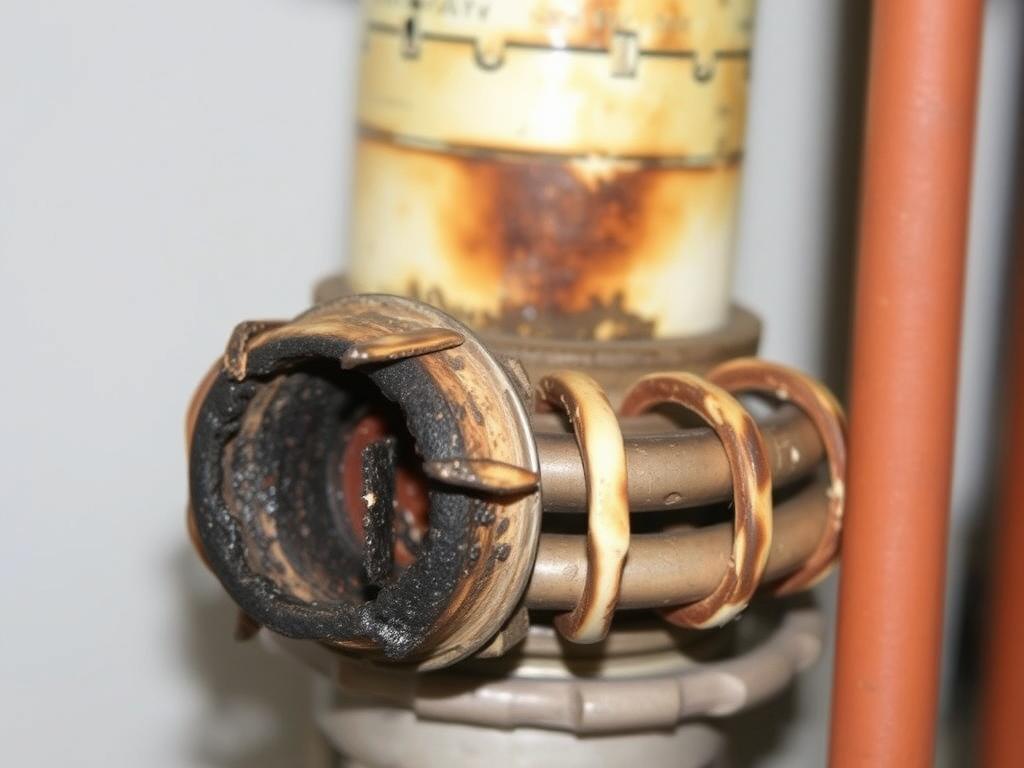 Spalona grzałka bojlera z widocznymi uszkodzeniami