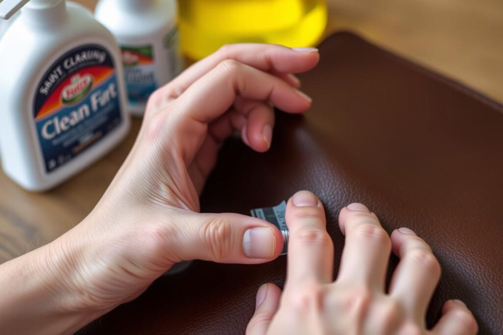 Testowanie środka czyszczącego na niewidocznym fragmencie skórzanego przedmiotu