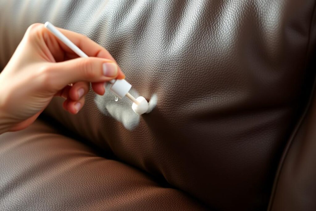 Testowanie środka czyszczącego w niewidocznym miejscu skórzanej kanapy