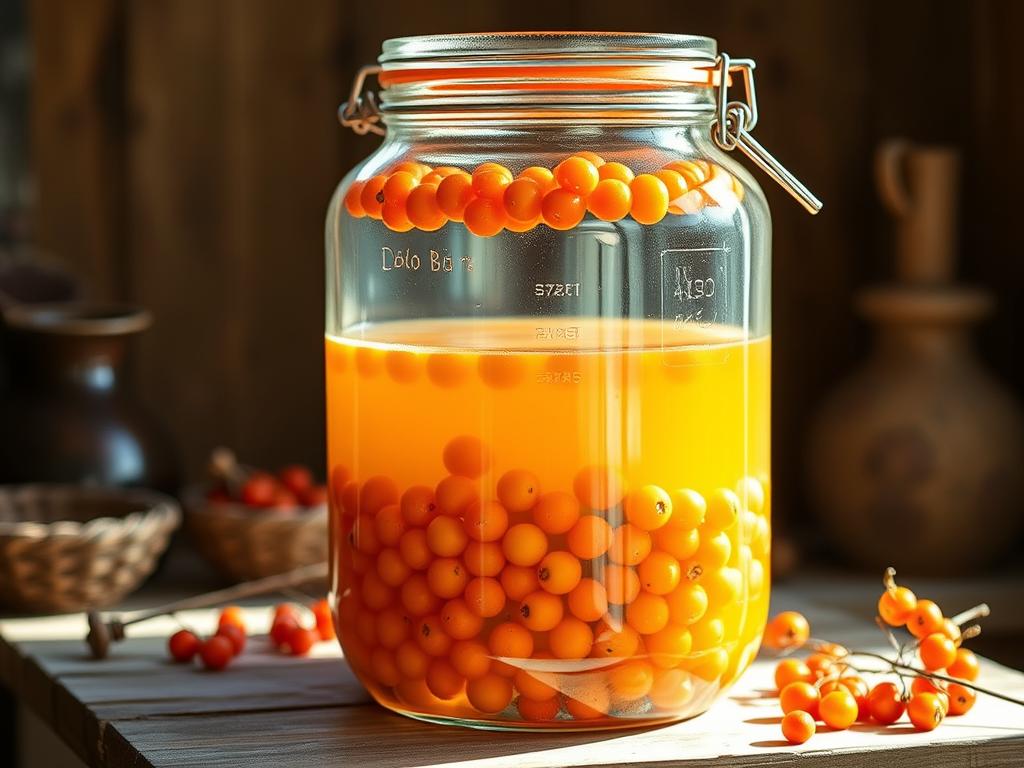 Tradycyjny proces fermentacji owoców rokitnika w słoju