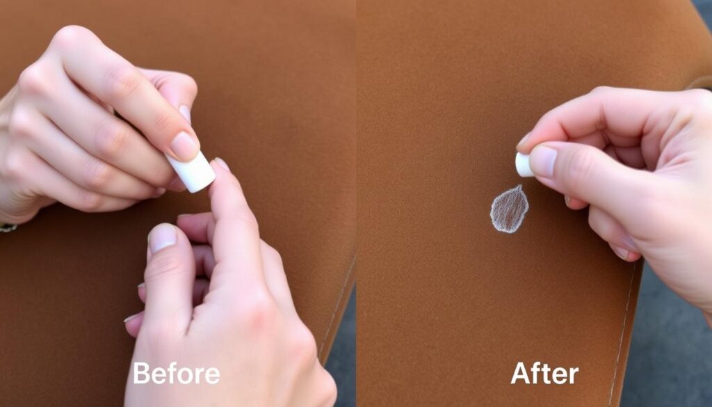 Usuwanie plamy z długopisu z nubuku za pomocą gumki do nubuku