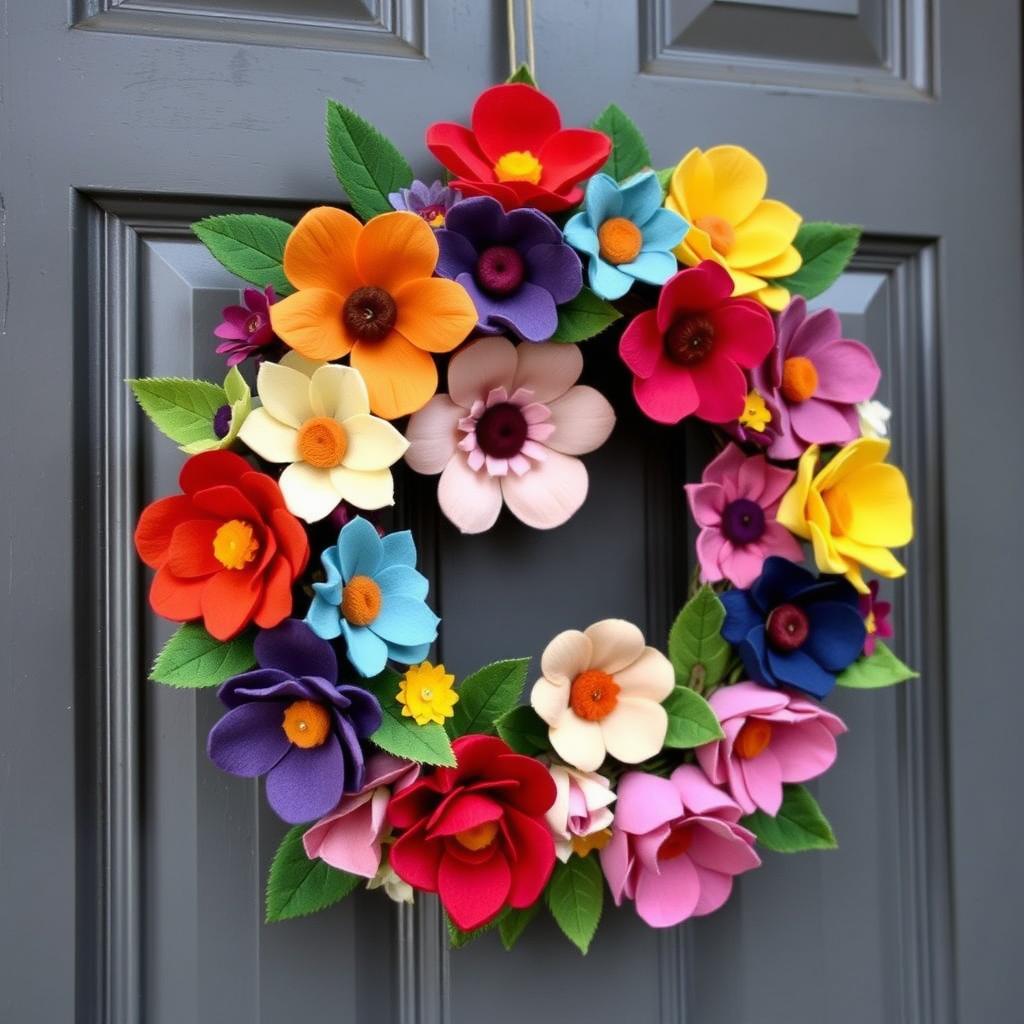 Wianek z filcowych kwiatów na drzwiach