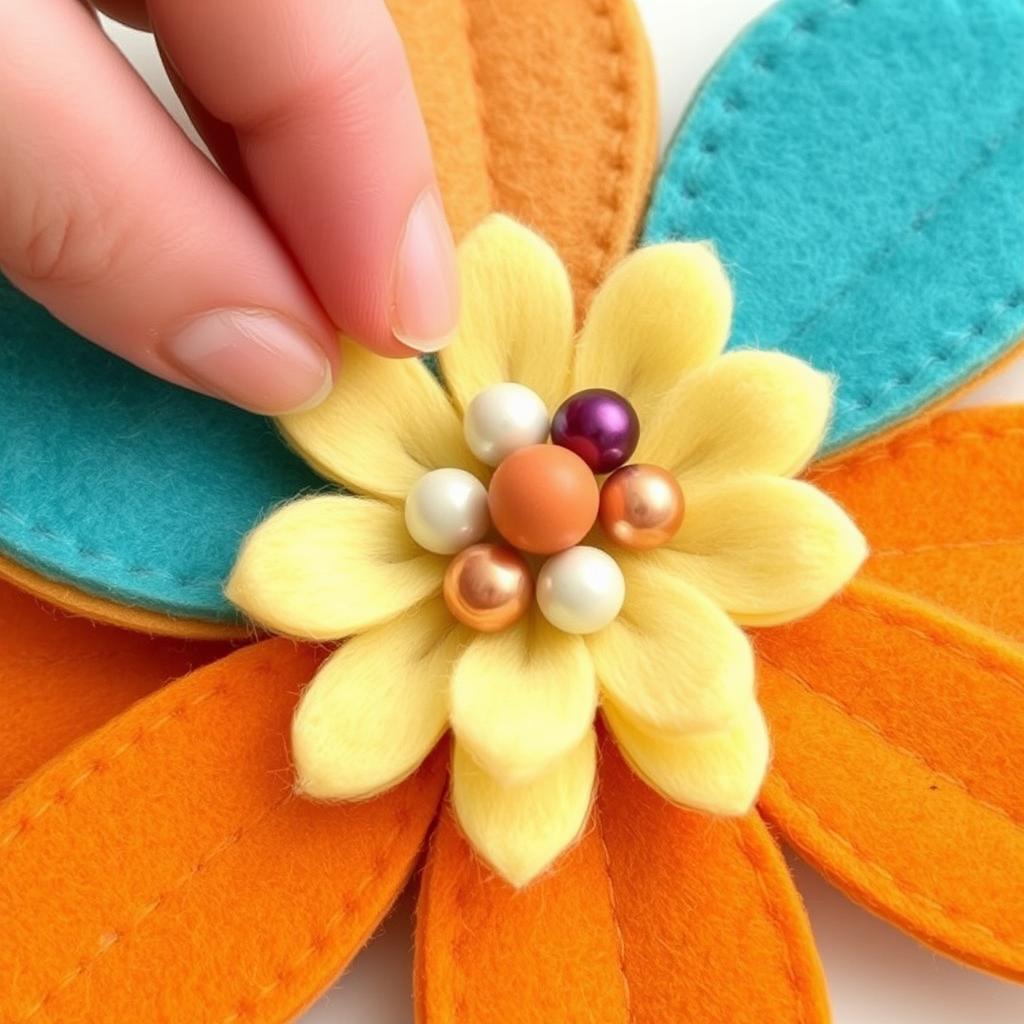Wykańczanie środka filcowego kwiatu koralikami