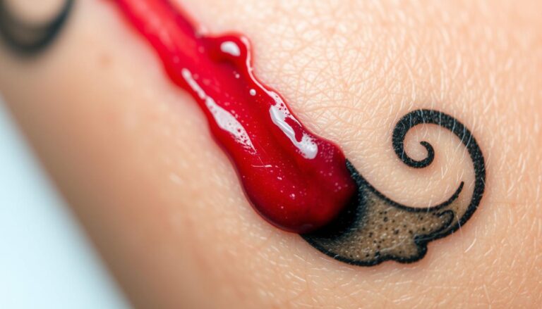 Zbliżenie na tatuaż z widocznym blaknięciem tuszu, pokazujące dlaczego tusz wychodzi z tatuażu