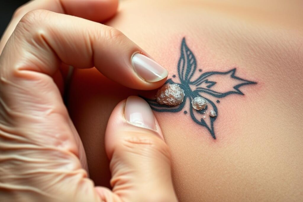 Zdrapywanie strupków z tatuażu powodujące wypływanie tuszu z tatuażu Zdrapywanie strupków z tatuażu powodujące wypływanie tuszu z tatuażu